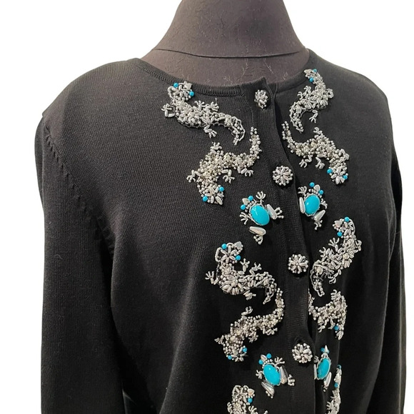 Michael Simon Silk Black Cotton Beaded Cardigan Gecko Frogs Turquoise Medium - Picture 2 of 8
